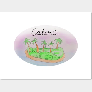 Calero watercolor Island travel, beach, sea and palm trees. Holidays and vacation, summer and relaxation Posters and Art